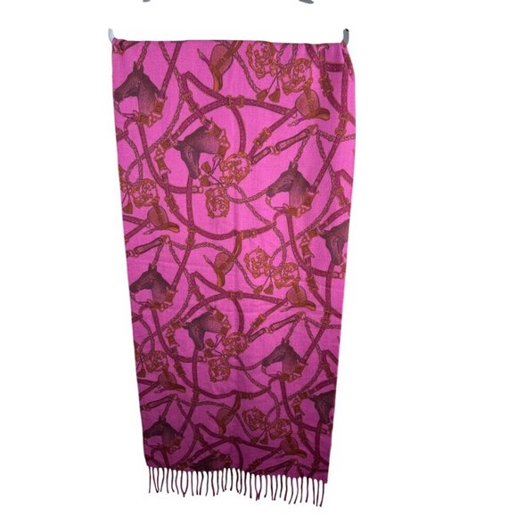 Fendi Equestrian Horse Print Fringed Scarf Fuchsia & Brown - Picture 9 of 12